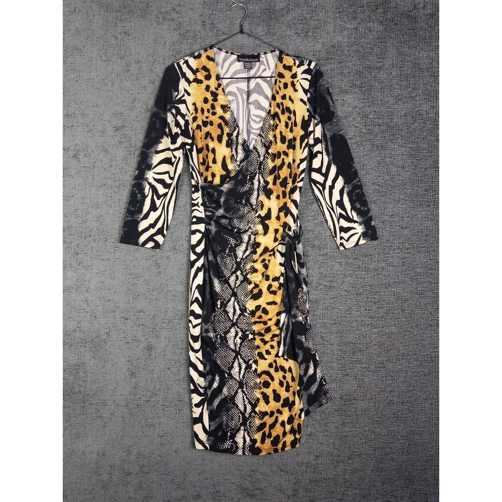 Frank Lyman Wrap Dress Womens 4 V Neck Animal Print Safari Ruffle Cocktail Midi
